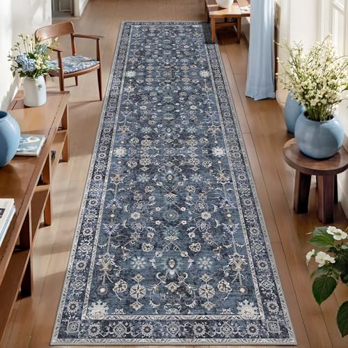 Tangsoo 2.6x14 Washable Long Runner Rug for Hallway Non Slip - color: Distressed Blue Black, size: 2'6" X 14' (Runner)