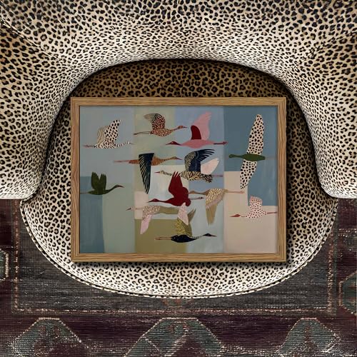 Framed Vintage Bird Wall Art, Colorful Flying Crane Canvas Print, Geometric Pattern Whimsical Nature Artwork, Modern Minimalist Folk Wall Decor for Living Room Bedroom Office 8x10in - color: Abstract Flying Bird, size: 10"L x 8"W