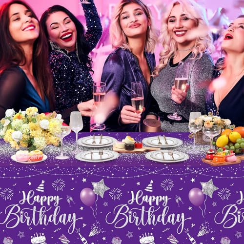 Tudomro 3 Pcs Plastic Happy Birthday Party Tablecloths,Purple Silver - color: Purple Silver