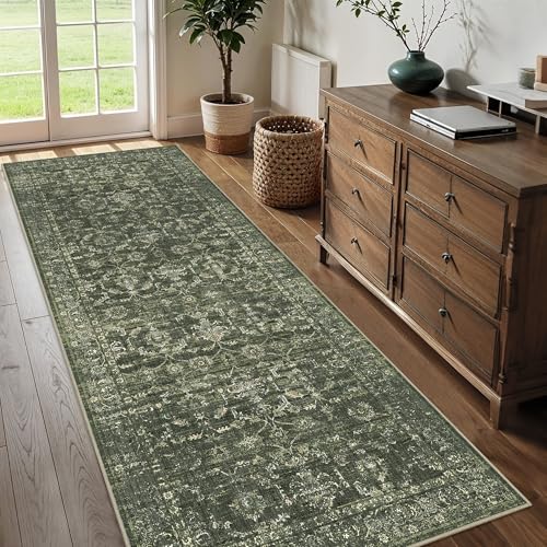 3x8 Washable Kitchen Runner Rug Non-Slip Boho Dark Green Throw Carpet - color: Dark Green, size: 3' x 8' (Runner)