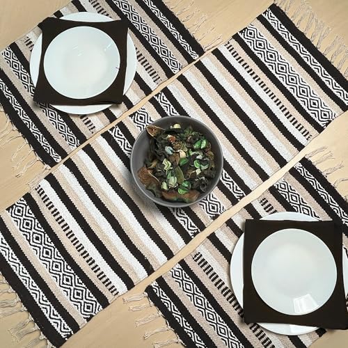 CHARDIN HOME Black, Cream, White Boho Table Runner | Cotton Farmhouse Table Linen 13x36 Inches| Machine Washable, Durable and Easy to Combine - color: Ivory-black, size: 13x36 Inch.