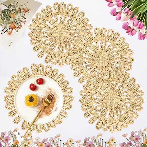 IcosaMro 12 Inch Boho Round Woven Placemats for Dining Table Set of 4 - color: Style a -11.5 Inch, Pack of 4