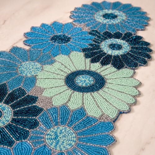 ALPHA Living HOME Blue Beaded Runner 13x36 Inch Glass Beads Table Decor - color: Teal/Sky Blue