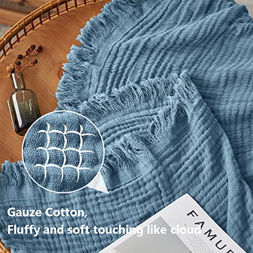 Simple&Opulence Cotton Muslin Throw Blanket for Bed, Couch, Knit Woven Gauze Blanket with Tassels, Soft Lightweight Cozy Pre-Washed Breathable Farmhouse Decoration for All-Season (Dusty Blue) - color: Dusty Blue