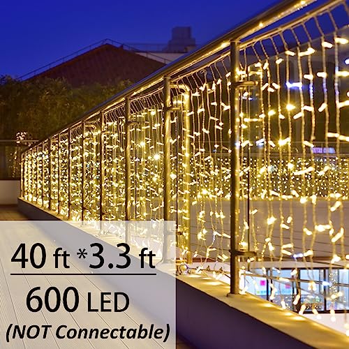 Solhice LED Curtain Lights Outside 40ft x 3ft for Backyard, 600 LED Plug in Hanging Fence String Lights Outdoor Waterproof for Backdrop Backyard Patio Deck Décor (Not Connectable) - color: Warm White, size: 40ft x 3ft