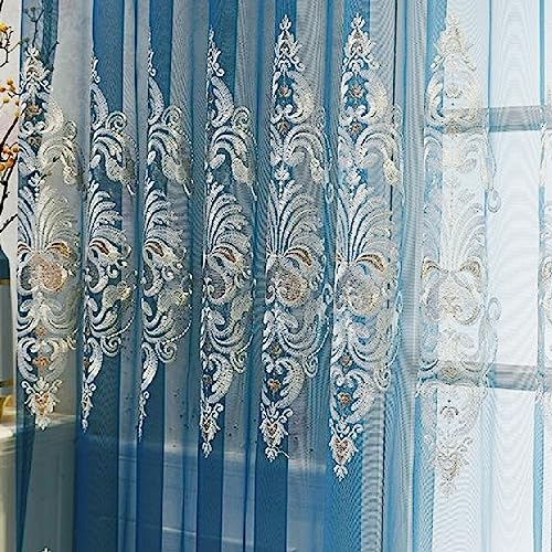 Amidoudou 1 Pair European Jacquard Sheer Curtains Embroidered Tulle Curtains Living Room Bedroom Luxury Translucent Curtains (Blue,51x96 Inch) - color: Blue, size: 51"W x 96"L (Pack of 2)