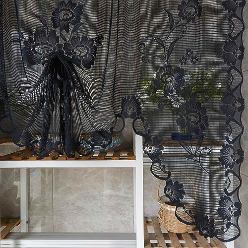 2pcs Black Floral Embroidery Sheer Lace Curtain Valance - color: Black, size: 39"W x 39"L (Pack of 2)