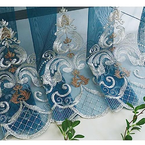 Amidoudou 1 Pair European Jacquard Sheer Curtains Embroidered Tulle Curtains Living Room Bedroom Luxury Translucent Curtains (Blue,51x96 Inch) - color: Blue, size: 51"W x 96"L (Pack of 2)