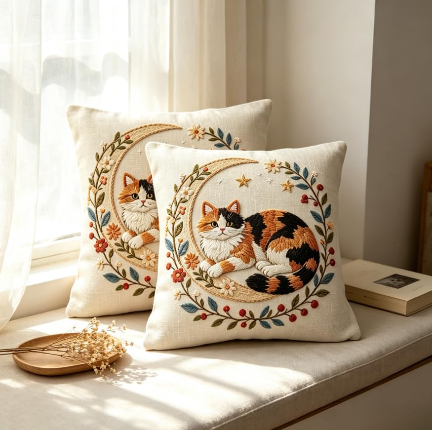 18x18 Inch Calico Cat Linen Throw Pillow Covers Set of 2 - color: A20015, size: 18" x 18" (Pack of 2)