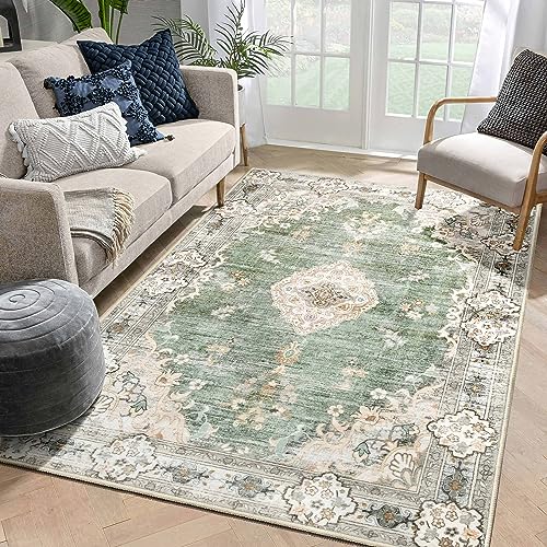 MUJOO 5'x7' Area Rugs Green Washable Boho Rug Non Slip Low-Pile Floral - color: Green, size: 5' x 7' (Rectangular)