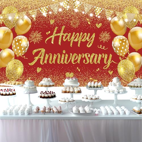 Wedding Anniversary Banner Red Gold Happy Decorations for Women Men Party, Indoor Outdoor Decor Supplies 71 * 43 Inch