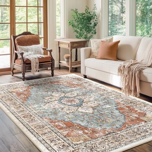 BESTSWEETIE Washable Boho 5x7 Area Rug, No Pile, Living Room, Green Brick - color: Green/Brick/Rust Red, size: 7' x 5'3" (Rectangular)