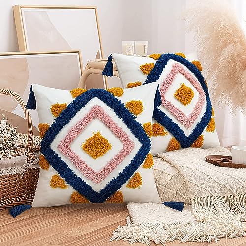 Merrycolor Boho Pillow Covers Modern Geometric Diamond Boho Pillows Decorative Throw Pillow Cases Yellow Blue Pink Soft Woven Tufted Pillow Cushion for Couch Sofa Bedroom - color: Blue and Pink, size: 18" x 18" (Pack of 1)