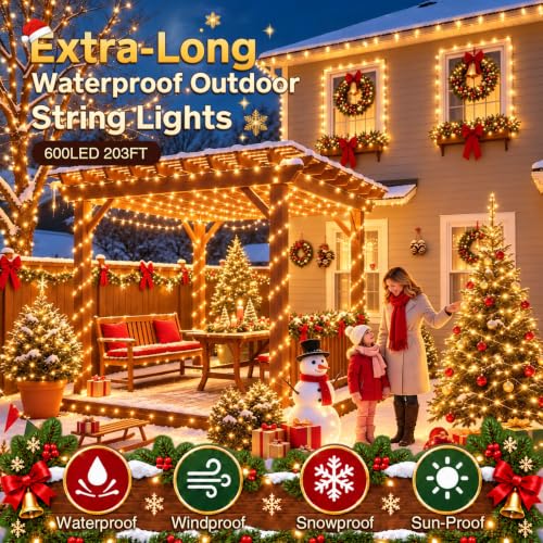 KNONEW 203FT 600LED Outdoor Fairy Lights Plug in Warm White Christmas Decor - color: Warm White, size: 203FT 600 LED Copper-colored wire