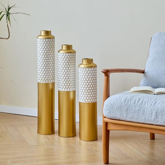 Floor Metal Decorated Vases Set of 3 for Gorgeous Home Decoration Large Glazed Metal Vases (Gold+White) - color: Gold+white