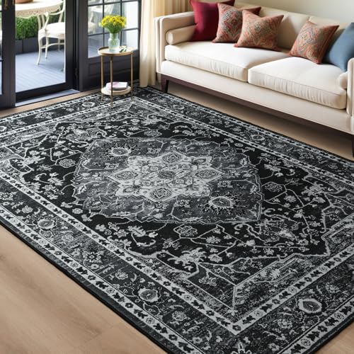 YJ.GWL Area Rug for Living Room, 4x6 Machine Washable Boho Rug for Bedroom, Low Pile Lightweight Thin Rugs Floral Vintage Distress Print Pattern Carpet for Dining Room, Navy Blue - color: Navy Blue, size: 4' x 6' (Rectangular)