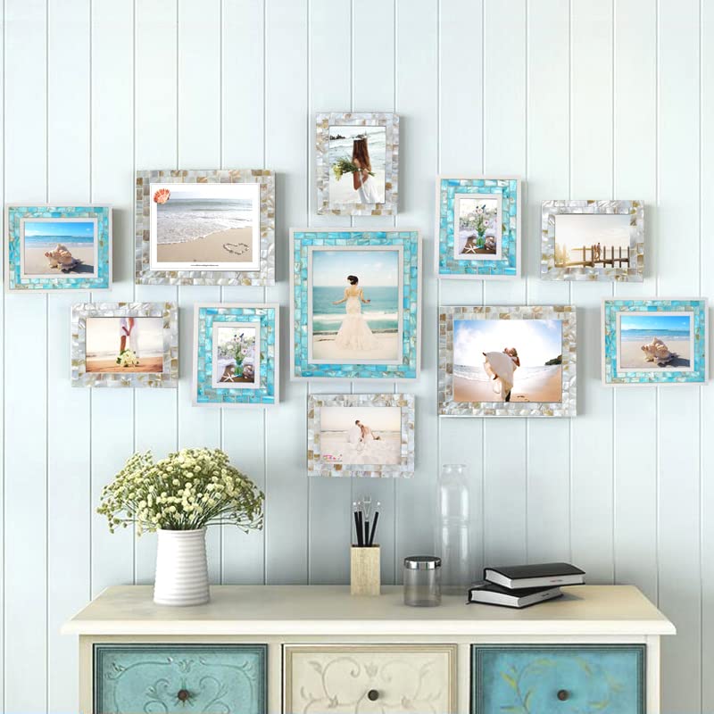 Beach Theme Picture Frame, 3.5x5 inch, Blue | Turquoise Mosaic, Mother of Pearl, Tabletop or Wall, 1pc - color: Blue, size: 3.5x5 Inch