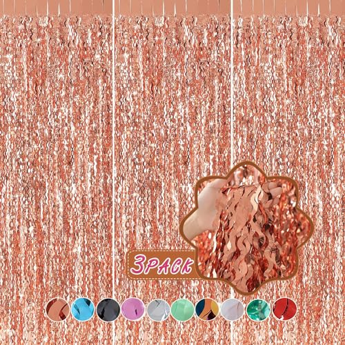 CYLMFC Wavy Fringe Curtain - Rose Gold, 3.3 ft x 6.6 Feet, Pack of 3 | Party Decorations, Streamers for Birthday Backdrop - color: Pure Rose Gold