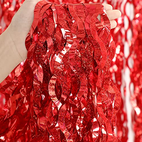 3 Pack Red Backdrop Curtain - CYLMFC 3.3 ft x 6.6 ft Foil Backdrop Curtain Streamers Birthday Decorations for Birthday Party Christmas Graduation Decor - color: Laser Red