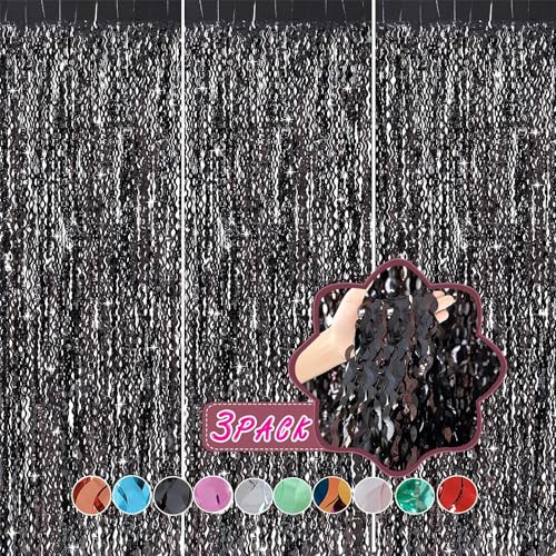 3 Pack New Years Decorations Wavy Black Tinsel Foil Fringe Curtains Party Backdrop 3.3 x 6.6 ft Streamer Backdrop Tinsel Curtains for Birthday, Graduation, Fiesta, Halloween Party Decor - color: Pure Black