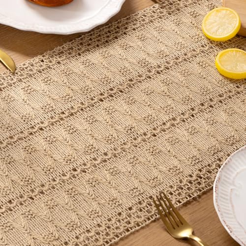 Boho Macrame Table Runner Jute Burlap Small Dresser Runner - color: Burlap Brown, size: 12" × 90"
