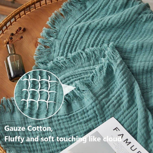 Simple&Opulence Cotton Muslin Throw Blanket for Bed, Couch, Knit Woven Gauze Blanket with Tassels, Soft Lightweight Cozy Pre-Washed Breathable Farmhouse Decoration for All-Season (Dark Green) - color: Dark Green