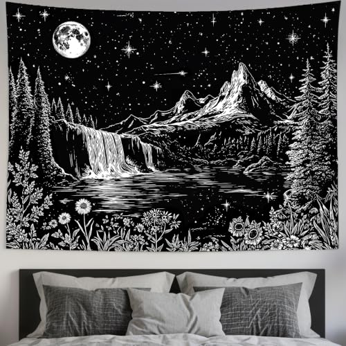Accnicc Black and White Forest Mountain Tapestry 80x60 Inch - color: Black and White Waterfall, size: 80"L x 60"W