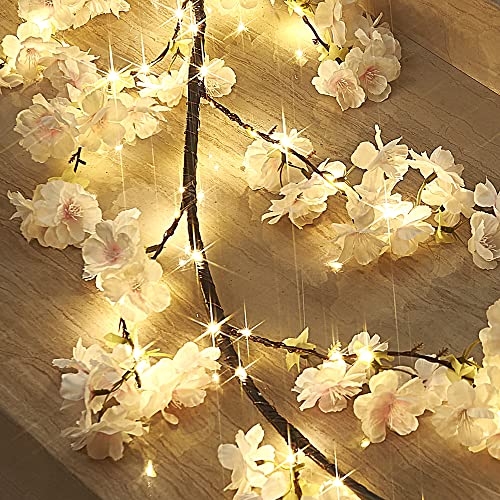 LITBLOOM Cherry Blossom Garland with Lights Battery Operated with Timer 96 Fairy Lights, Lighted Flower Garland 6FT for Mantle Firepalce Wedding Party Decoration Indoor Outdoor - style: Pink Cherry