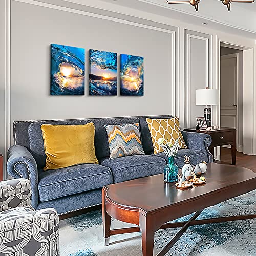 DZRWUBHS Canvas Wall Art For Living Room Bedroom Office - Blue Sea View Sunrise Ocean Waves - 3 Piece Set - 16" X 24" Large Size - color: Ocean Waves Paintings, size: 16x24inches*3pcs