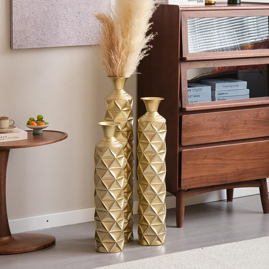 Floor Metal Decorated Vases Set of 3 for Gorgeous Home Decoration Large Glazed Metal Vases (Antique Gold) - color: Antique Gold