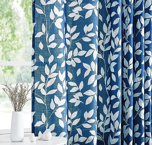 Navy Blue White Leaf Semi Sheer Curtains 63" Bedroom Panels Drapes 2pk - color: Navy, size: 52"W x 63"L (Pack of 2)