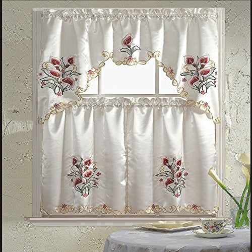 B&H Home Tulip Floral Embroidered 3-Piece Kitchen Curtain Window Treatment Set (Tulip Rose) - color: Tulip Rose