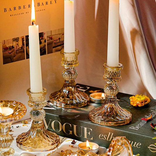 Crystal Glass Candlestick Holder Taper and Pillar Candle Holder Desktop Decoration for Wedding Dinning Party-3 pcs - color: Amber