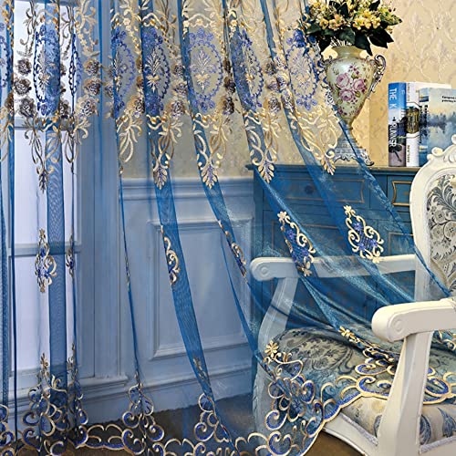 Amidoudou 1 Pair European Jacquard Sheer Curtains for Living Room Bedroom Luxury Embroidered Tulle Curtains (Blue,52x90 Inch) - color: Blue, size: 52"W x 90"L (Pack of 2)