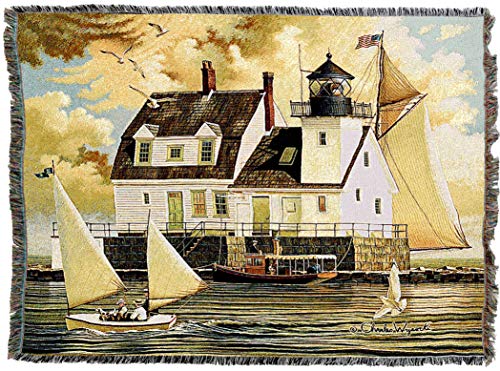 Pure Country Weavers Rockland Breakwater Light Blanket by Charles Wysocki - Early America Coastal Ocean Beach Gift Tapestry Throw Woven from Cotton - Made in the USA (72x54) - color: Rockland Breakwater