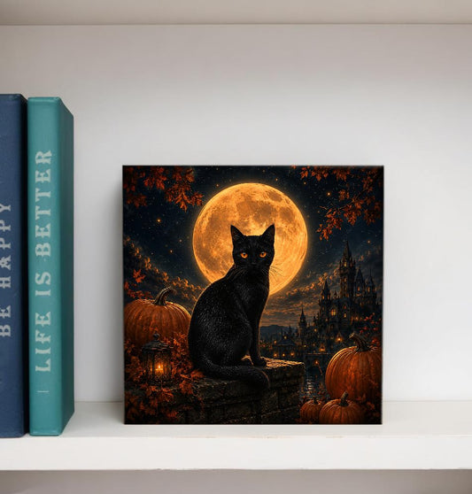 Moonlit Black Cat Halloween Wooden Box Decorative Sign 5x5 Inch - color: H