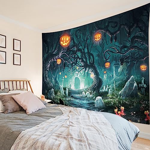 HVEST Halloween Tapestry Pumpkin and Black Bat in Scary Graveyard Forest Wall Art for Bedroom, Horror Halloween Night Tapestry Wall Hanging for Living Room Dorm Holiday Wall Decor, 59W x 51L inches - color: Black Green, size: 51"L x 59"W