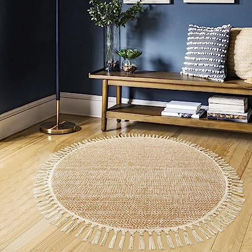 Collive Hand Woven Circle Area Rug, Soft Hand Woven Cotton Washable Carpet - color: Tan/Cream, size: 4' (Round)