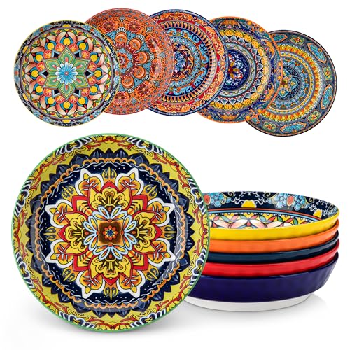 vancasso 32 Oz Pasta Bowls, Porcelain Large Colorful Salad Soup Bowls Set of 6, Pasta Serving Bowls Plates for Kitchen, Dishwasher & Microwave Safe, Series KRVI - color: Boho