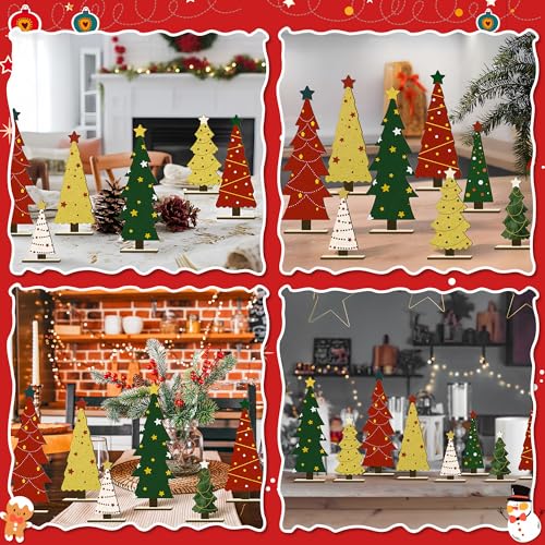 8PCS Christmas Wooden Tabletop Tree Decorations Set, Winter Holiday Wood Tree Table Centerpieces Fireplace Mantel Decor Merry Xmas Sign Table Top Party Supplies