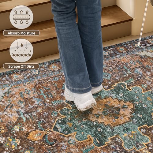 Ciicool Washable 4x6ft Area Rug,Boho Soft Non-Slip for Kitchen Entryway - color: Brick Red/Dull Teal, size: 4' x 6' (Rectangular)