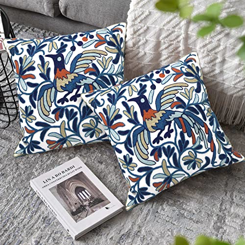 Alysheer Floral Embroidered Throw Pillow Cover 18"x 18" Set of 2, Blue Bird - color: Bird Blue, size: 18" x 18" (Pack of 2)