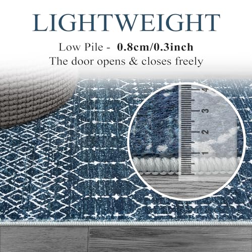 Lahome Moroccan Indoor Rugs for Entryway 2x3 Area Rug Non-Slip Backing Washable Inside Door Mats Low-Profile Throw Soft Rugs for Bathroom, Geometric Print Distressed Blue Rug for Kitchen Bedside Hana - color: Blue, size: 2' x 3' (Rectangular)