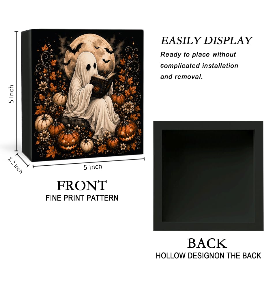 Halloween Ghost Read Book Wooden Box Decorative Sign 5x5 Inch - color: N