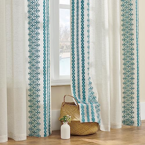 Blue Boho Curtains 90 Inches Long 2 Panels for Living room Grommet Semi Sheer Country Vintage Bohemian Curtains Classic Rustic Embroidery Drapes Large Window Farmhouse Privacy Decor, 52x90, Teal - color: Teal Blue, size: 52"W x 90"L (Pack of 2)