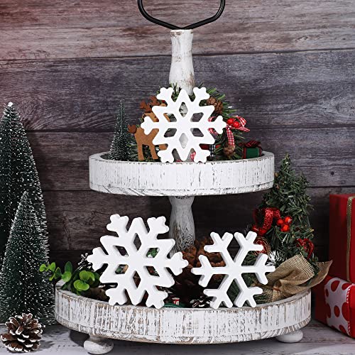 Augisteen 5 Pieces Christmas Wooden Snowflake Decor Winter Snowflake Wood Blocks White Snowflake Table Wood Signs Winter Tiered Tray Wooden Signs for Xmas Party Farmhouse Home Tabletop Shelves