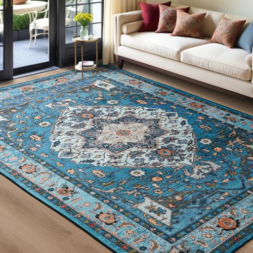 YJ.GWL Large Area Rug for Living Room, 5x7 Machine Washable Boho Rug for Bedroom, Low Pile Lightweight Thin Rugs Floral Vintage Distress Print Pattern Carpet for Dining Room, Blue/Multi - color: Blue/Multi, size: 5' x 7' (Rectangular)