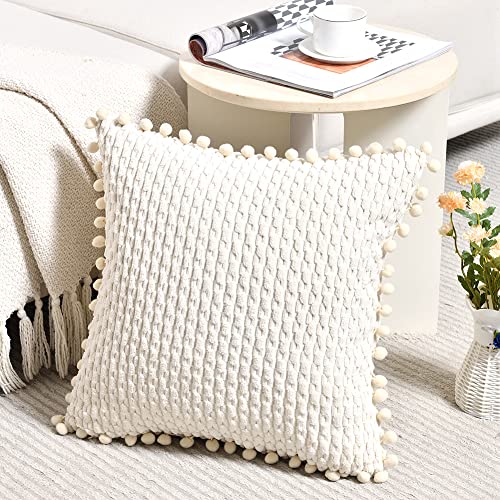 Fancy Homi Set of 2 Boho Cream Decorative Throw Pillow Covers 18x18 Inch with Pom-poms for Couch Bed Sofa, Modern Farmhouse Home Decor, Soft Plush Corduroy Cute Cushion Case 45x45 cm - color: Cream, size: 18" x 18" (Pack of 2)