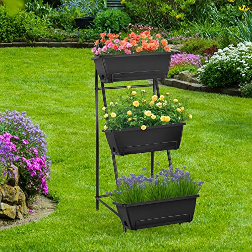 Vertical Raised Garden Bed 3 Tier Elevated Garden Planters Stand Up Garden Planter Box with Drainage Holes for Outdoor Indoor Plants Herbs Flowers Vegetables Black - color: Black