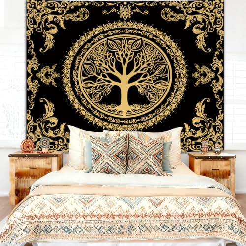 Black Golden Boho Tapestry for Bedroom, Hippie Tree of Life Wall Tapestries - color: H - Black Golden Tapestry, size: 60"L x 51"W